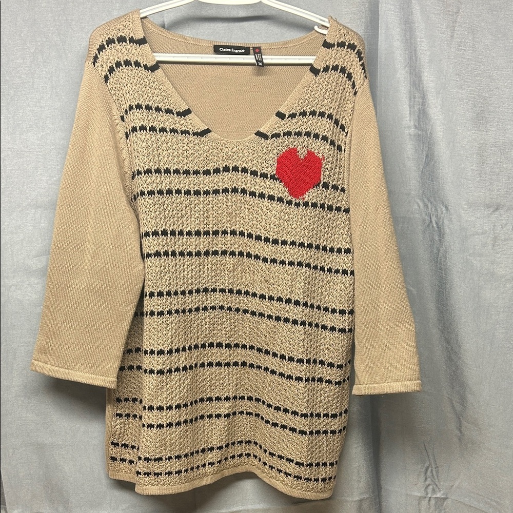 Claire France Tan and Black V-Neck Sweater with Red Heart